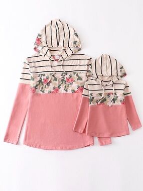 Mom & Me Pink Floral Stripe Hoodie Top - Matching Kids Shirt